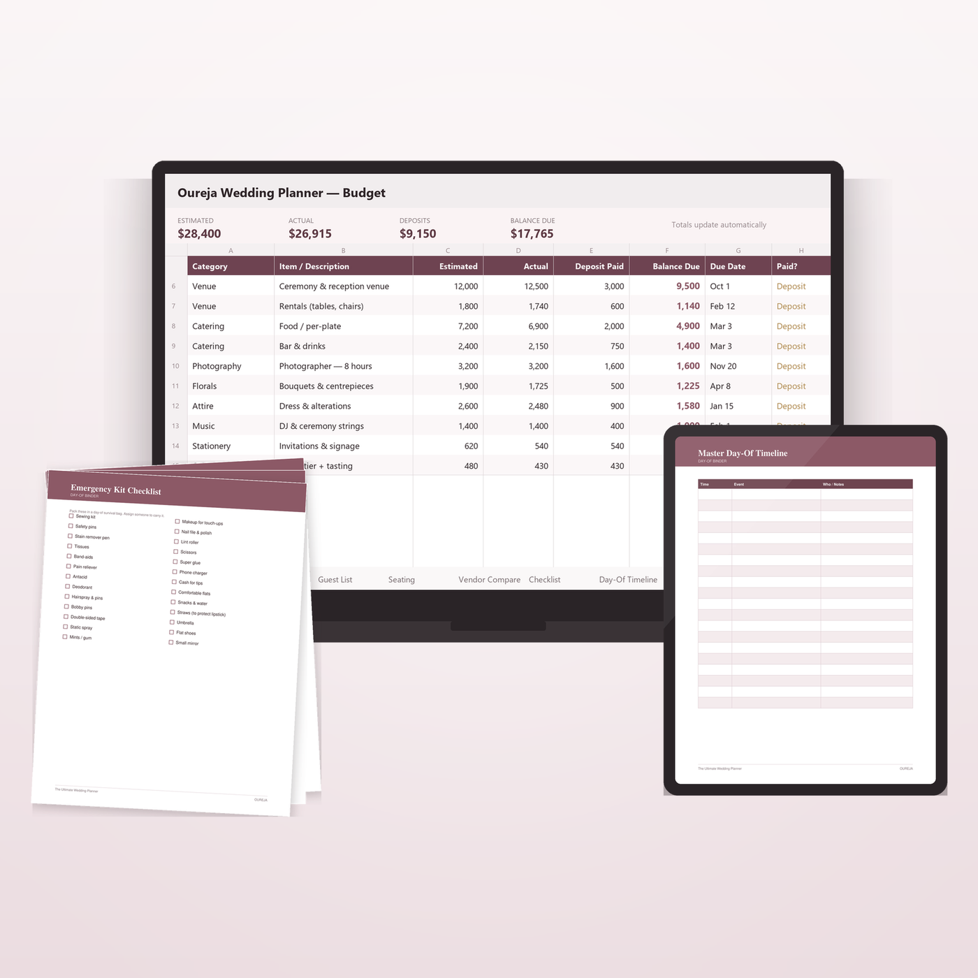 The Ultimate Wedding Planner on a laptop, an iPad and printed pages